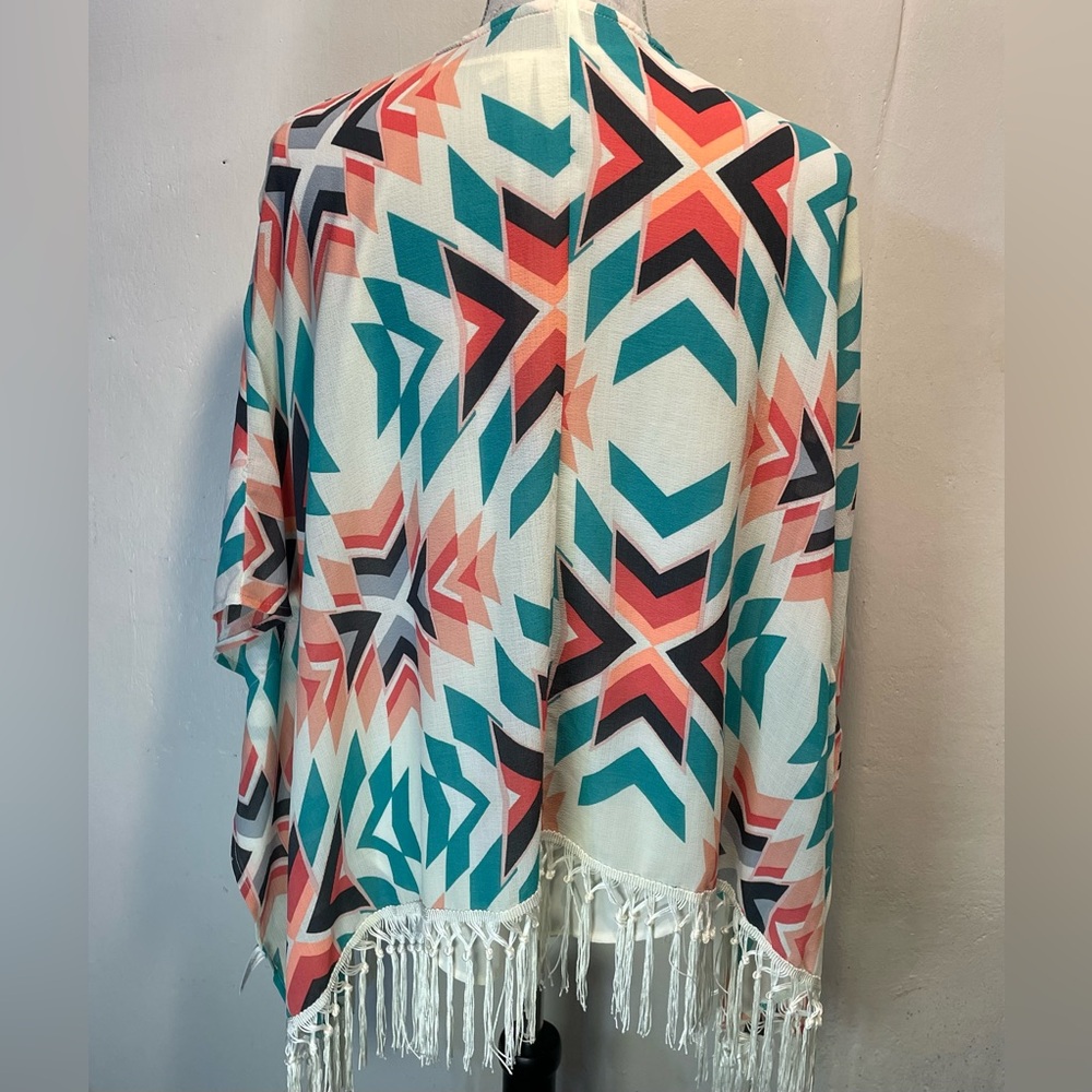 #0224 Xhilaration Geometric Kimono with Aztec Pattern, Sleeves, & Fringe-XS - Picture 2 of 7